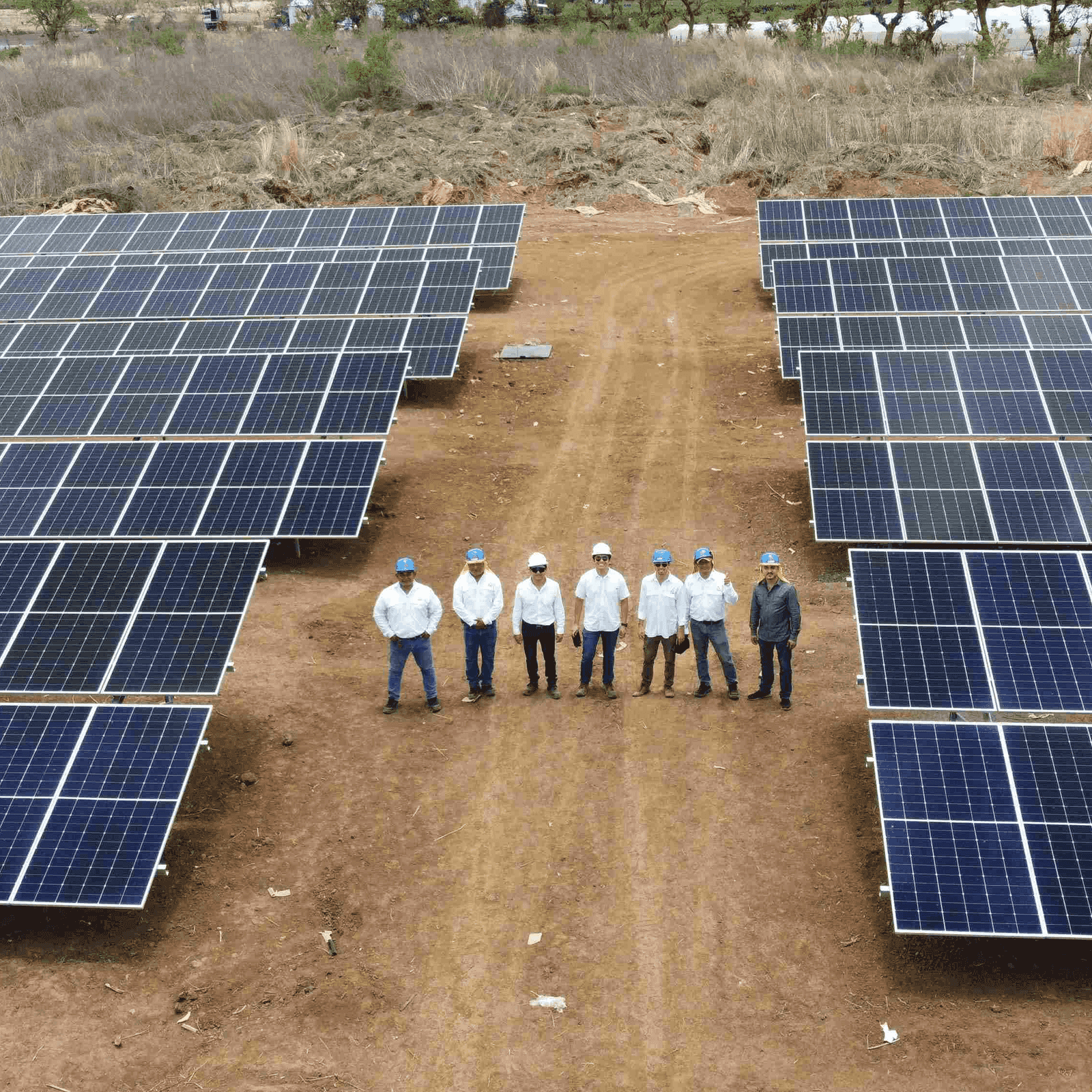 Equipo de obra con casco formado entre dos bloques de paneles solares